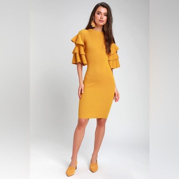 Lulu’s Omna Mustard Yellow Statement Sleeve Midi Dress - Picture 1 of 6